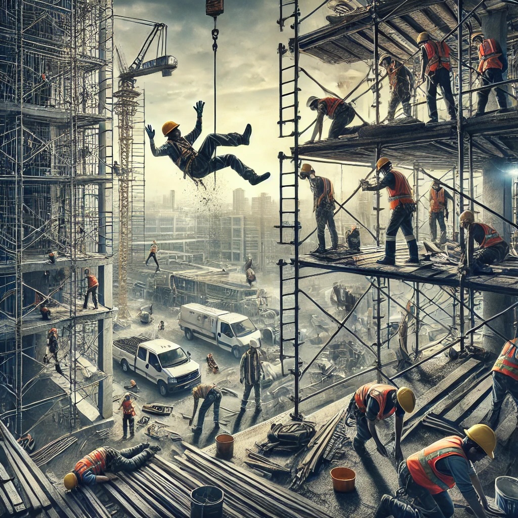 An image representing the danger of construction site accidents, particularly focusing on the risk of falls from heights, one of the leading causes of injuries in the industry. It emphasizes the importance of safety precautions like protective gear and proper site management.