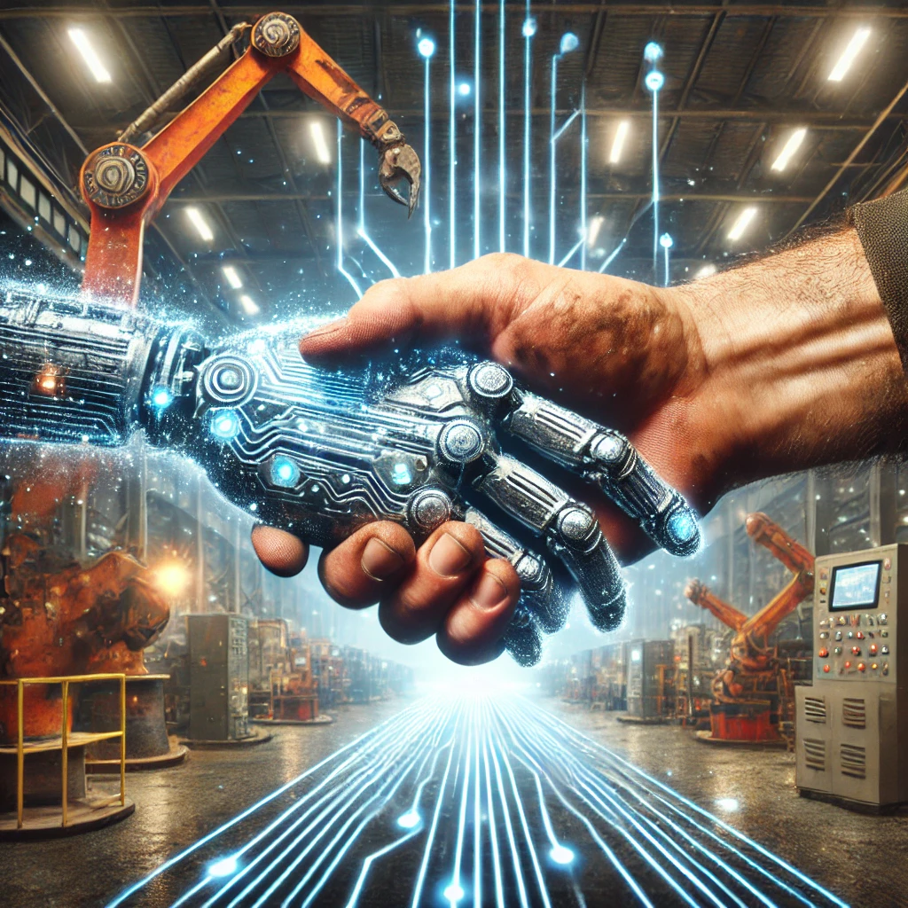 A human shaking hands with an artificial intelligence symbolizing the power of the two working together. GenAI can help with industrial accidents.