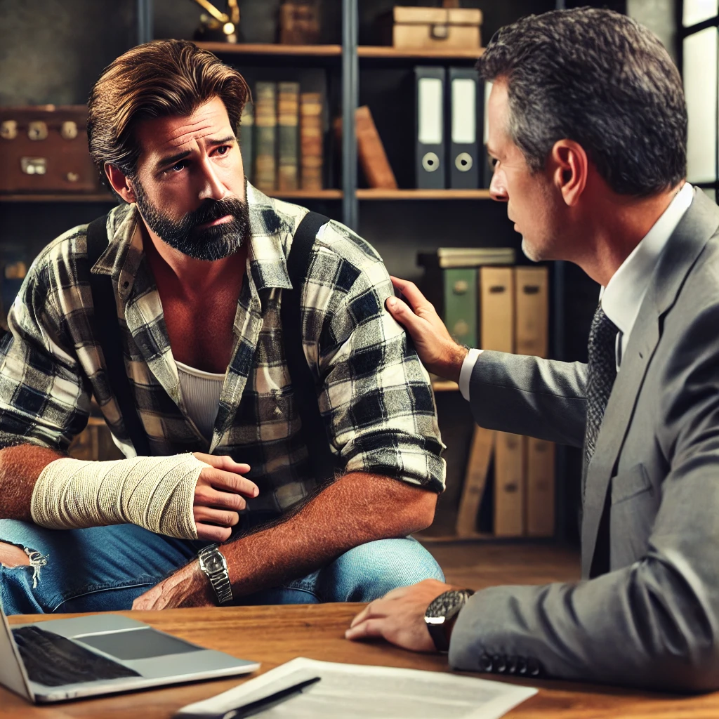 a 40-something roughneck accident victim consulting with an attorney in a professional setting