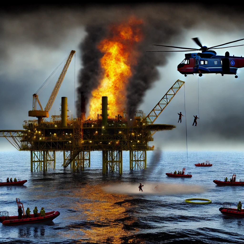 An artists depiction of the Piper Alpha Disaster