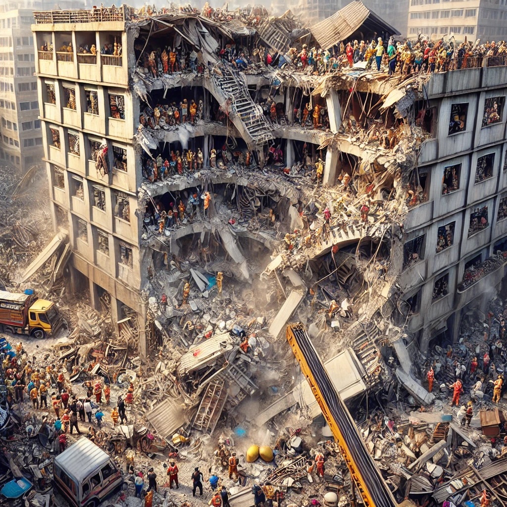 An artistic rendering of the Rana Plaza disaster, made less graphic