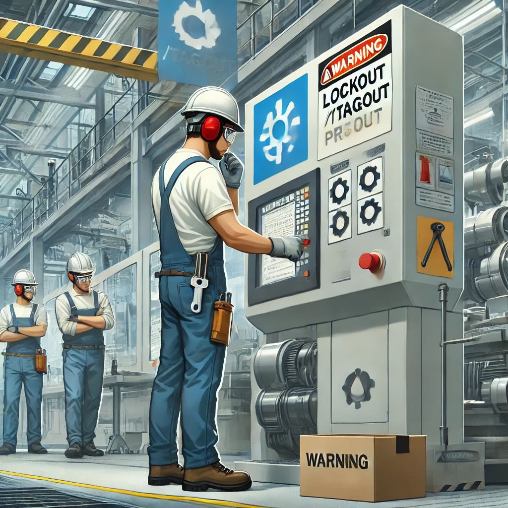 Here is an image illustrating a busy manufacturing floor with workers wearing proper personal protective equipment (PPE) and following safety procedures, such as lockout/tagout protocols.