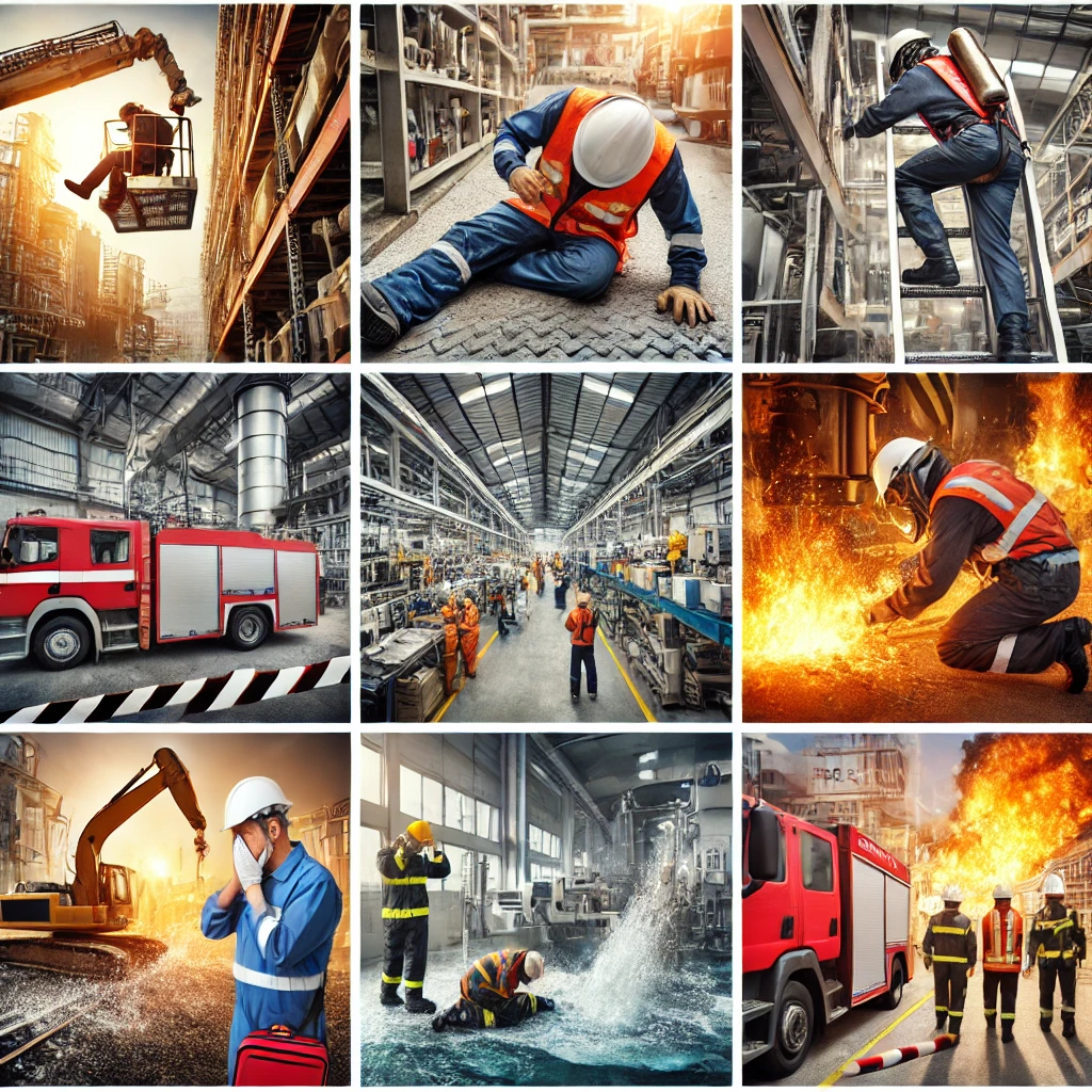 Image collage capturing various types of industrial accidents, illustrating the range of hazards in industrial settings and emphasizing the importance of safety protocols. The scenes include different accident scenarios to highlight common risks in industrial environments.