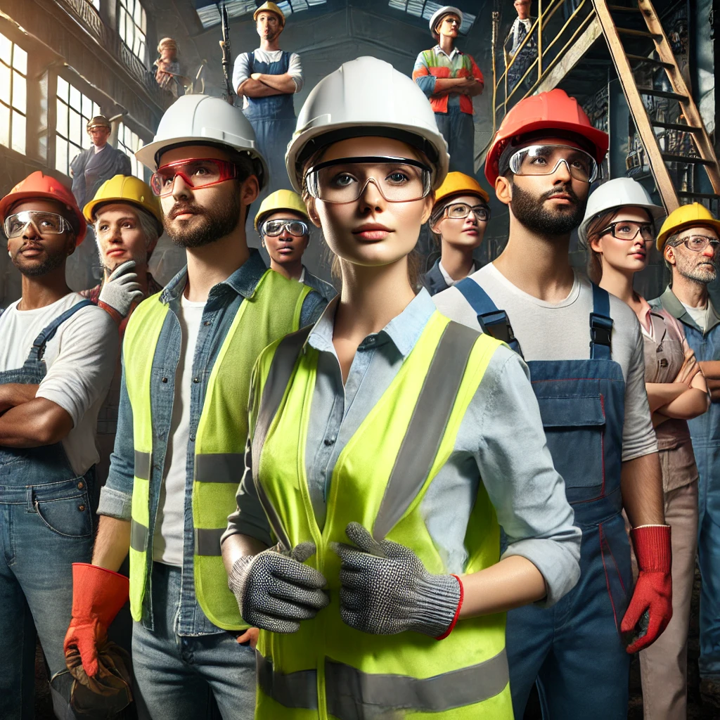 A group of diverse workers wearing helmets, reflective vests, and gloves, symbolizing workplace safety measures in action.