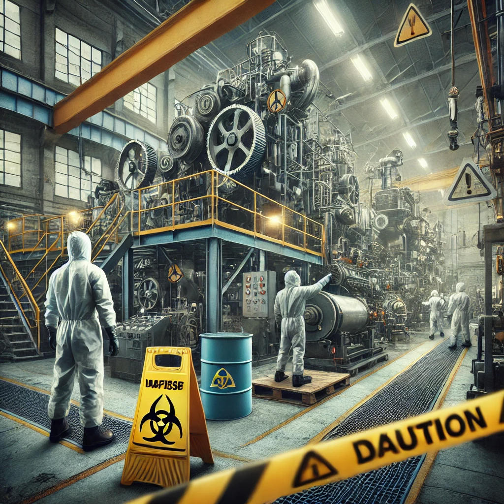 An image depicting the critical theme of workplace safety in an industrial environment, highlighting the need for caution and adherence to safety protocols. This scene captures the gravity of ensuring a safe workspace amid large machinery and potential hazards.